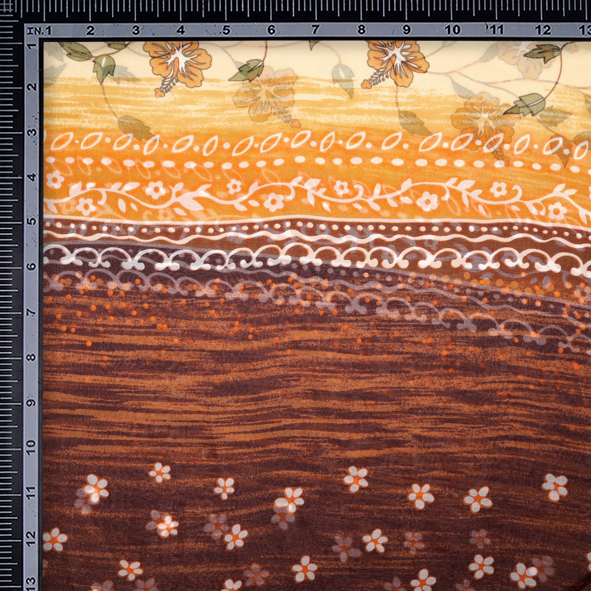 Brown-Black Floral Pattern Digital Print Imported Flat Chiffon Silk Fabric (54" Width)