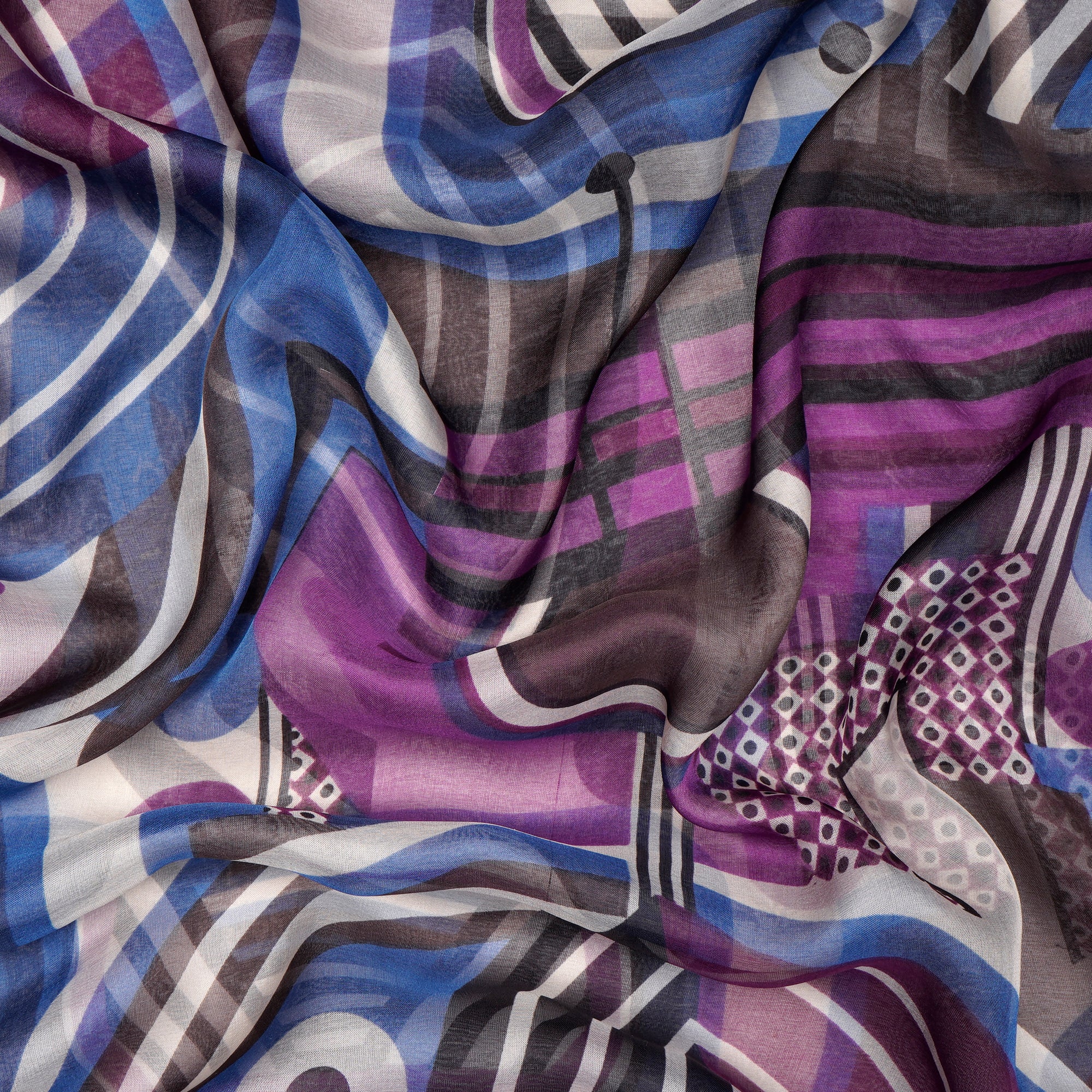Black-Blue Geometric Pattern Digital Print Imported Flat Chiffon Silk Fabric (54" Width)