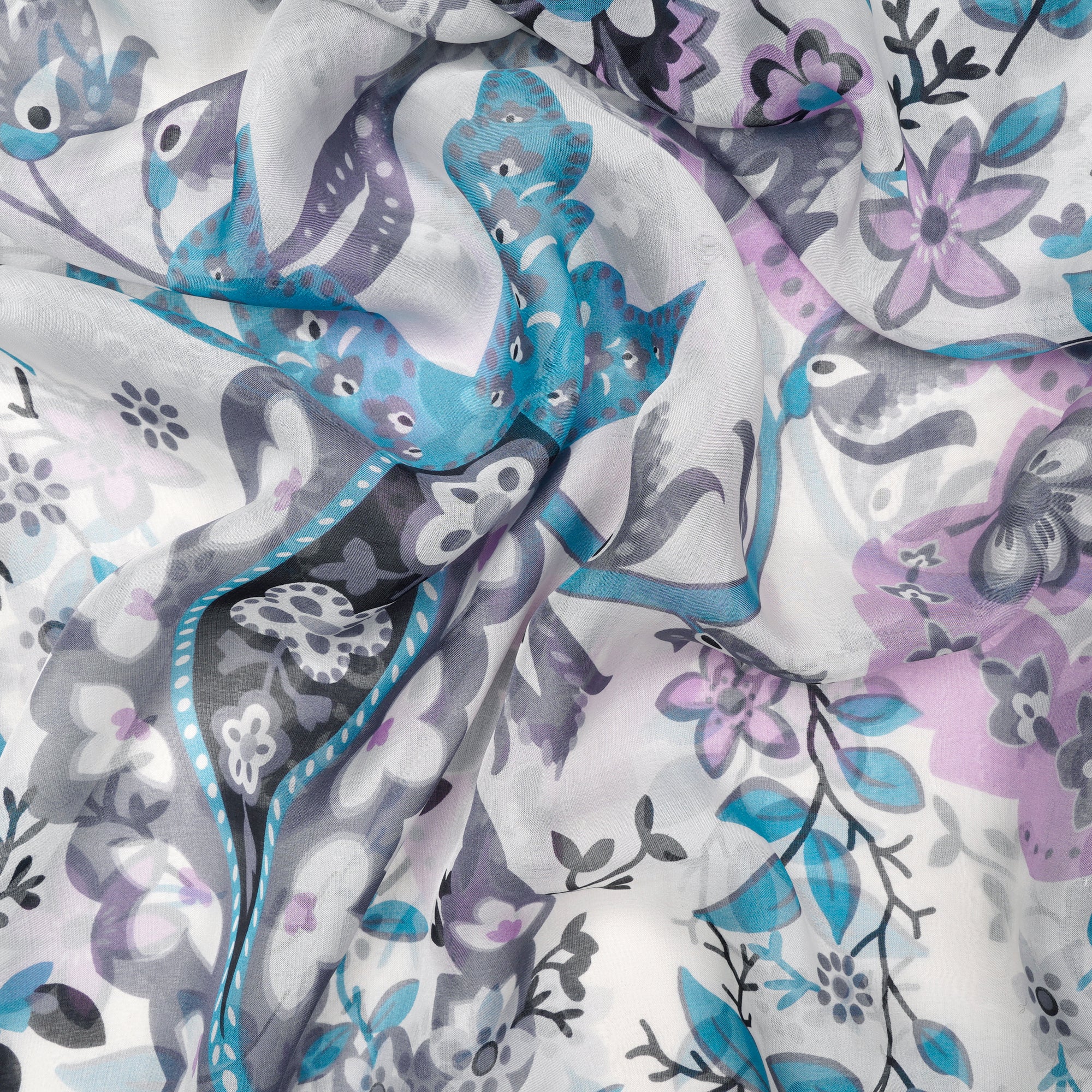 White-Grey Animated Pattern Digital Print Imported Flat Chiffon Silk Fabric (54" Width)