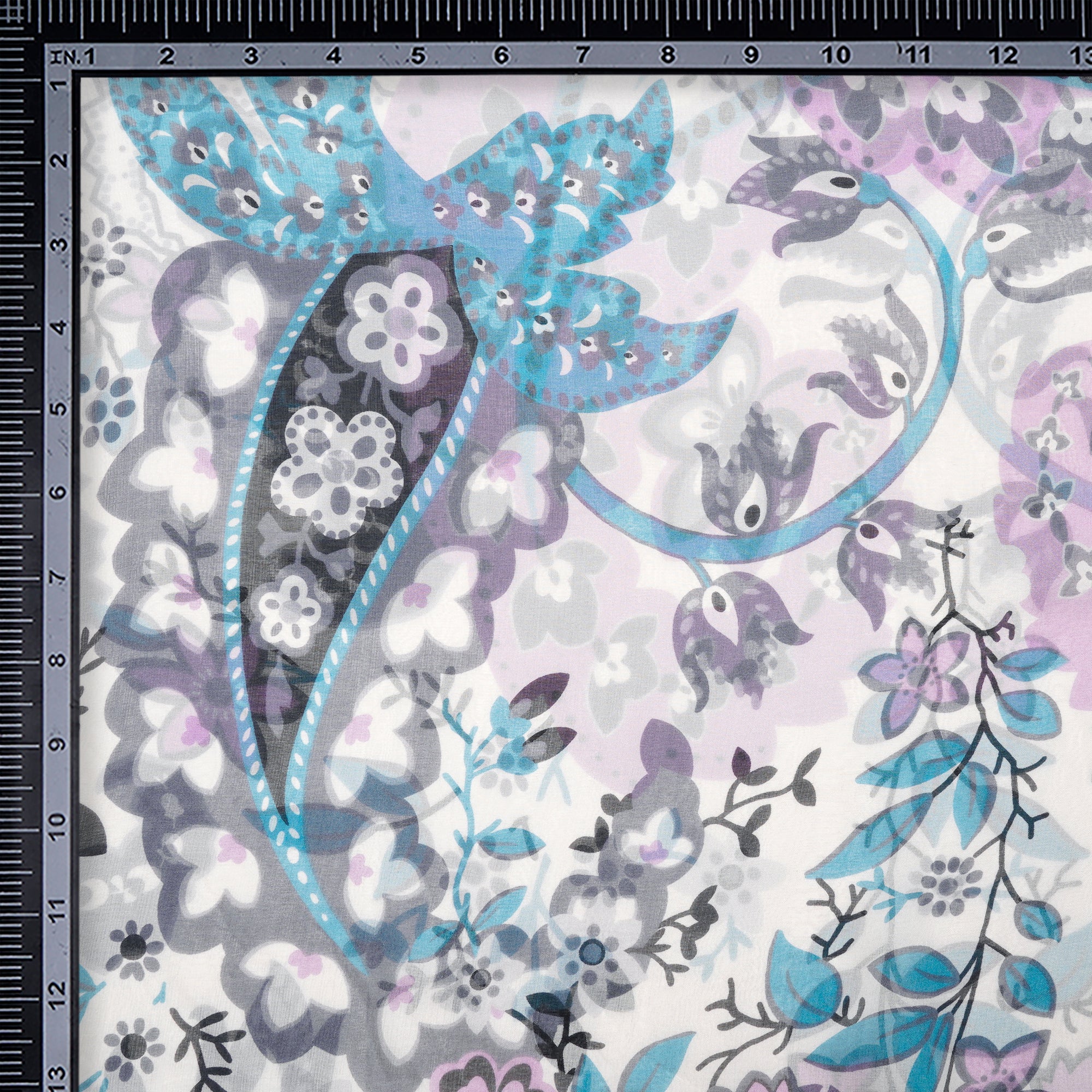 White-Grey Animated Pattern Digital Print Imported Flat Chiffon Silk Fabric (54" Width)