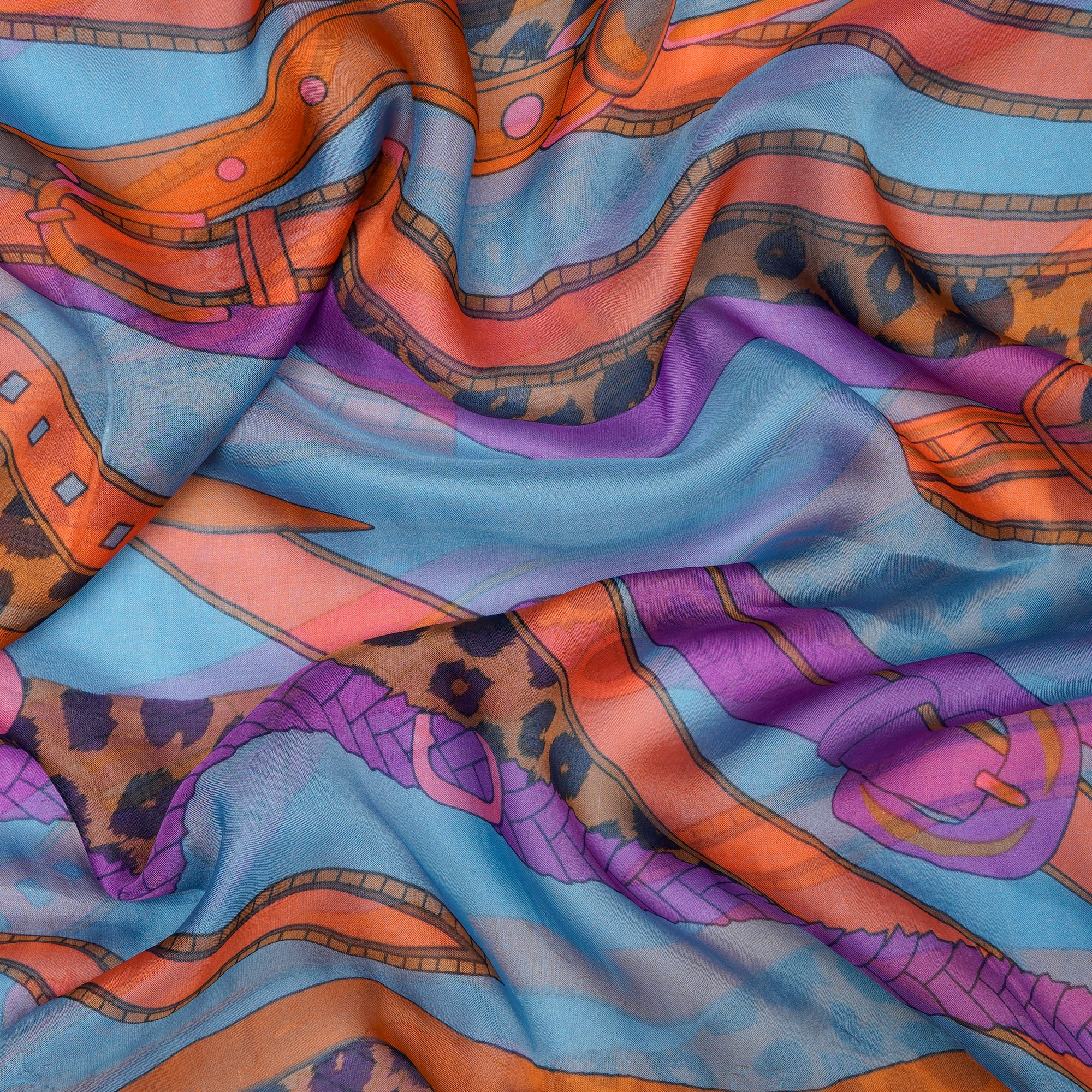 Multi Color Animated Pattern Digital Print Imported Flat Chiffon Silk Fabric (54" Width)