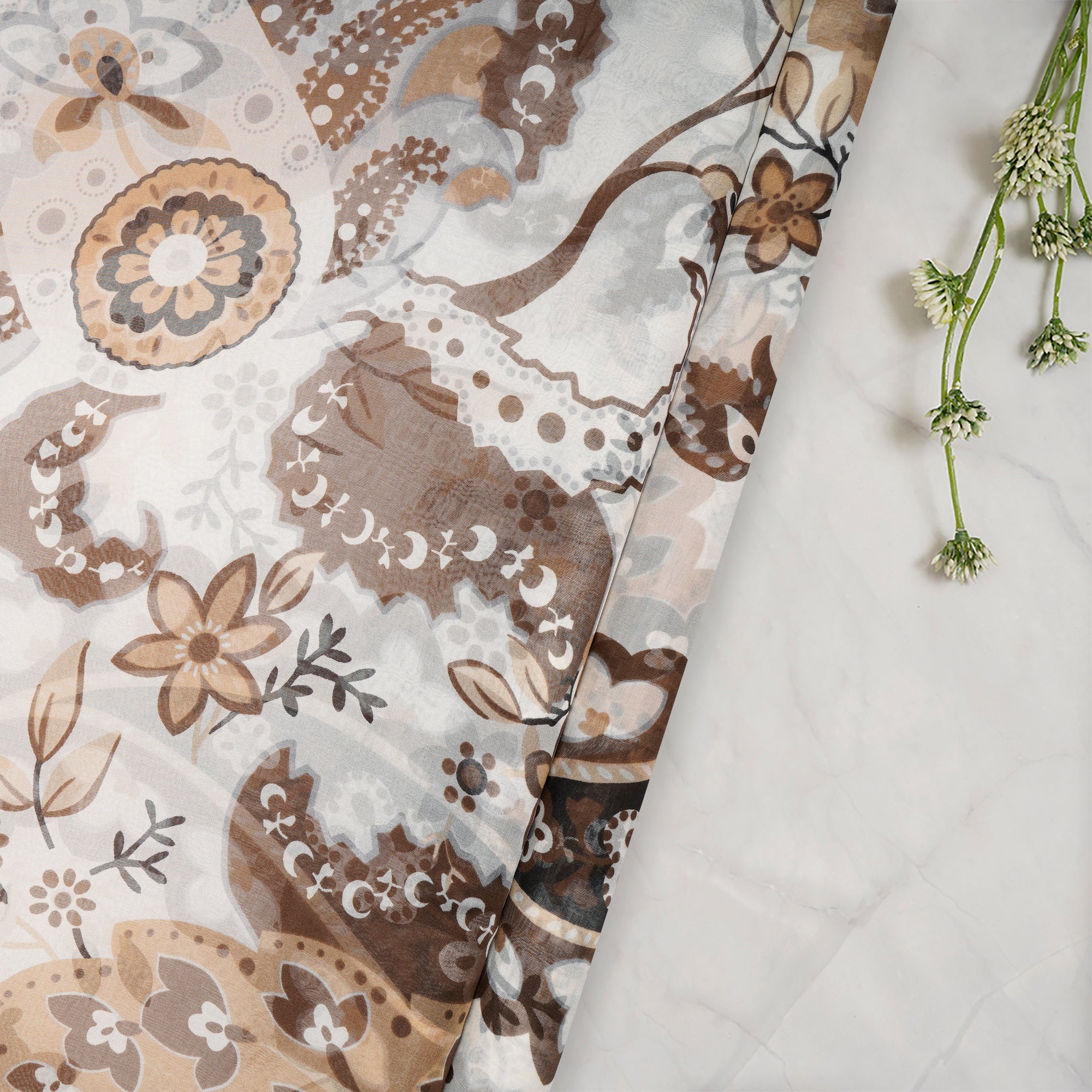 White-Brown Floral Pattern Digital Print Imported Flat Chiffon Silk Fabric (54" Width)