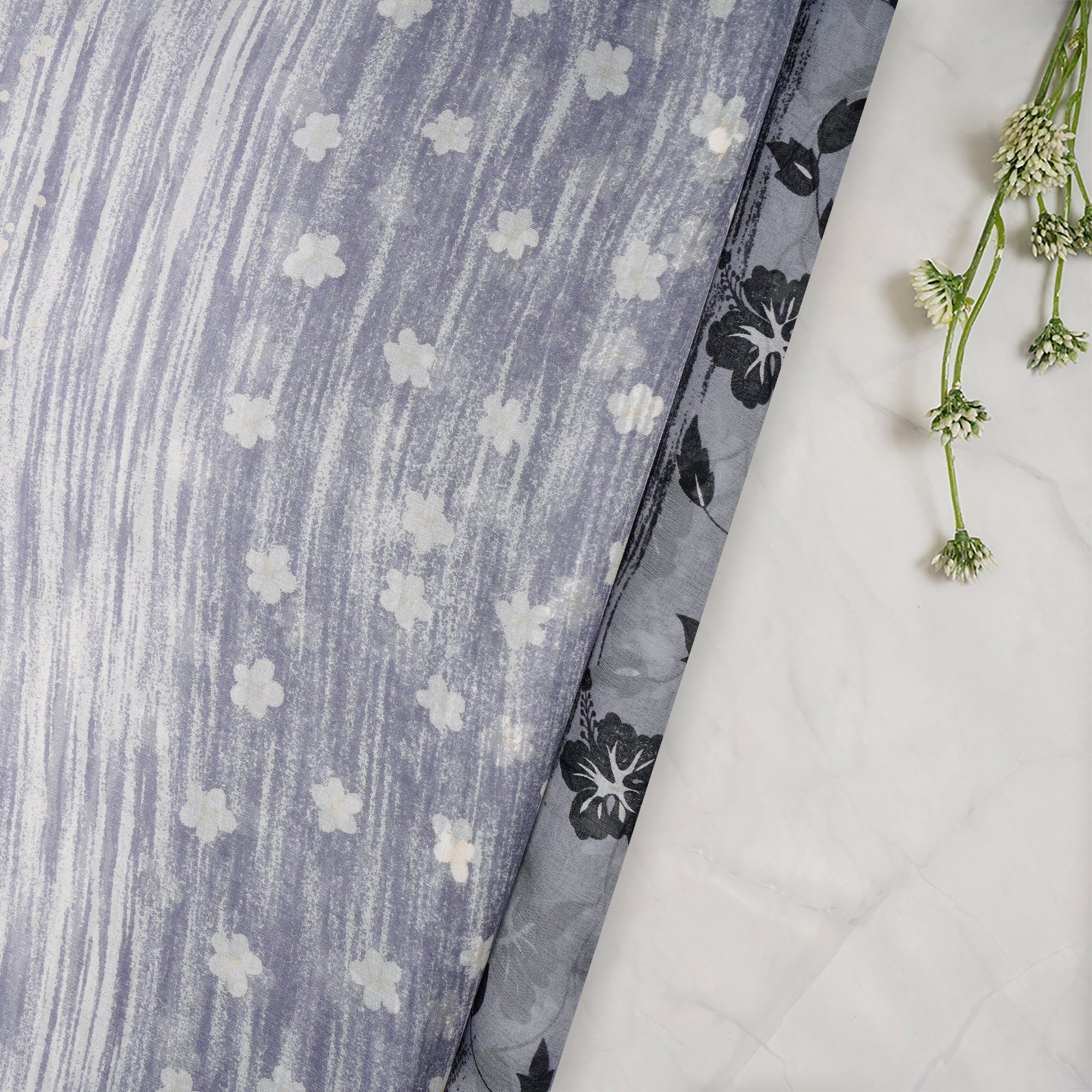 Black-White Floral Pattern Digital Print Imported Flat Chiffon Silk Fabric (54" Width)