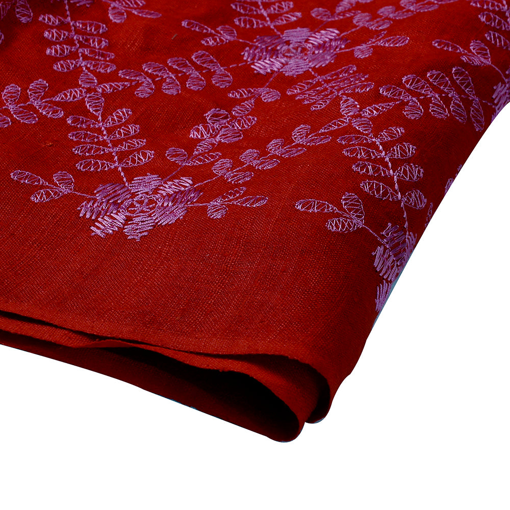 (Pre Cut 0.85 Mtr Piece) Red-Pink Color Embroidered Matka Silk Fabric