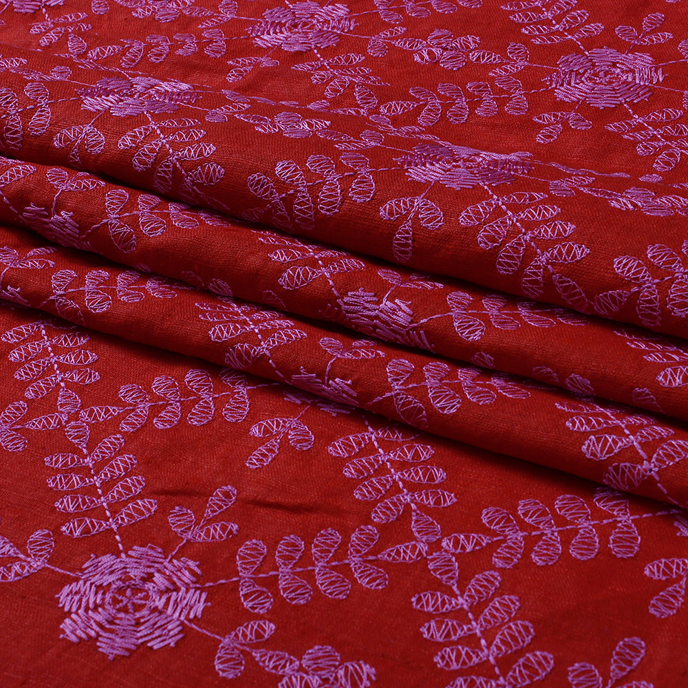 (Pre Cut 0.85 Mtr Piece) Red-Pink Color Embroidered Matka Silk Fabric