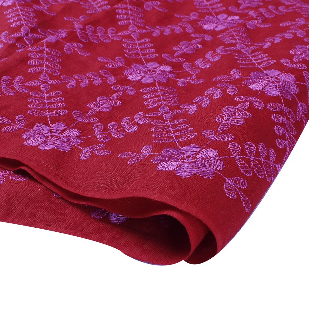 (Pre Cut 1.25 Mtr Piece) Red-Pink Color Embroidered Matka Silk Fabric