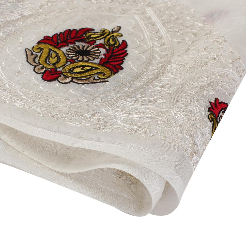(Pre Cut 2.80 Mtr Piece) White-Red Color Embroidered Pure Chanderi Fabric