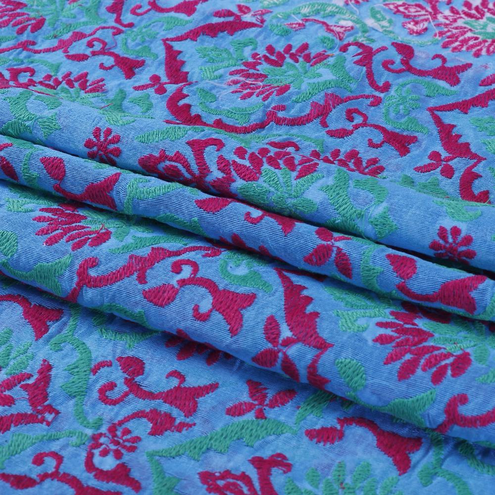 (Pre Cut 1.20 Mtr Piece) Blue-Red Color Embroidered Pure Chanderi Fabric