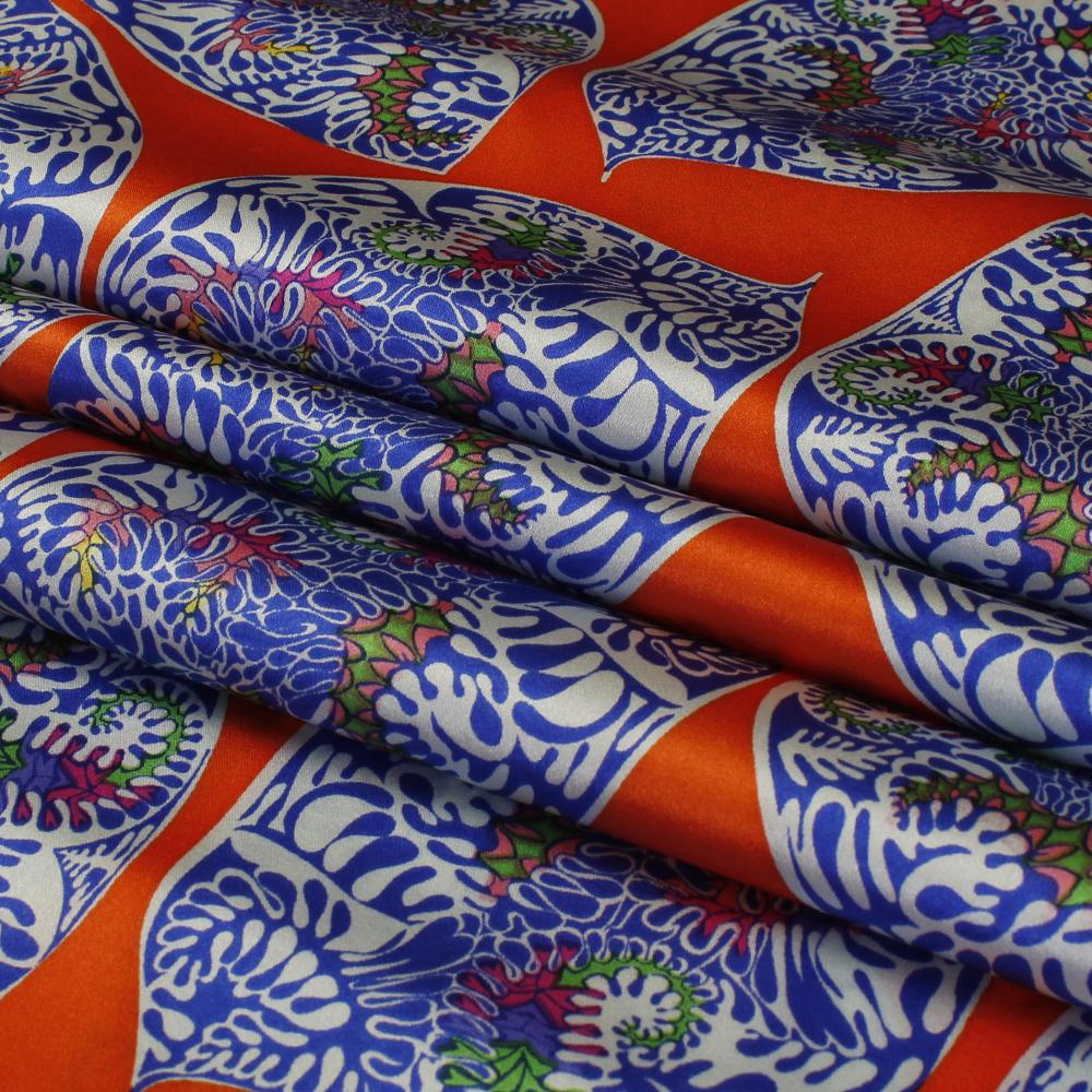 (Pre Cut 2.50 Mtr Piece) Orange-Blue Color Printed Poly Satin Fabric