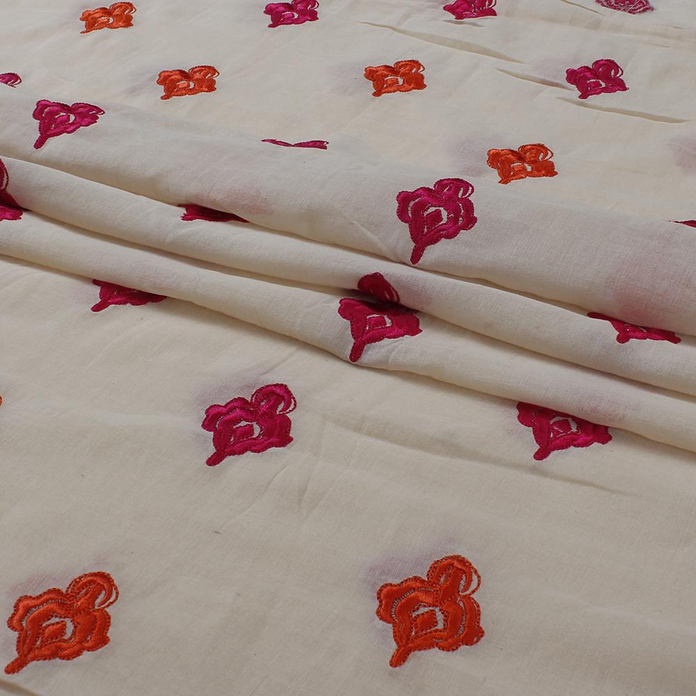 (Pre Cut 2.30 Mtr Piece) Beige-Pink Color Embroidered Cotton Voile Fabric