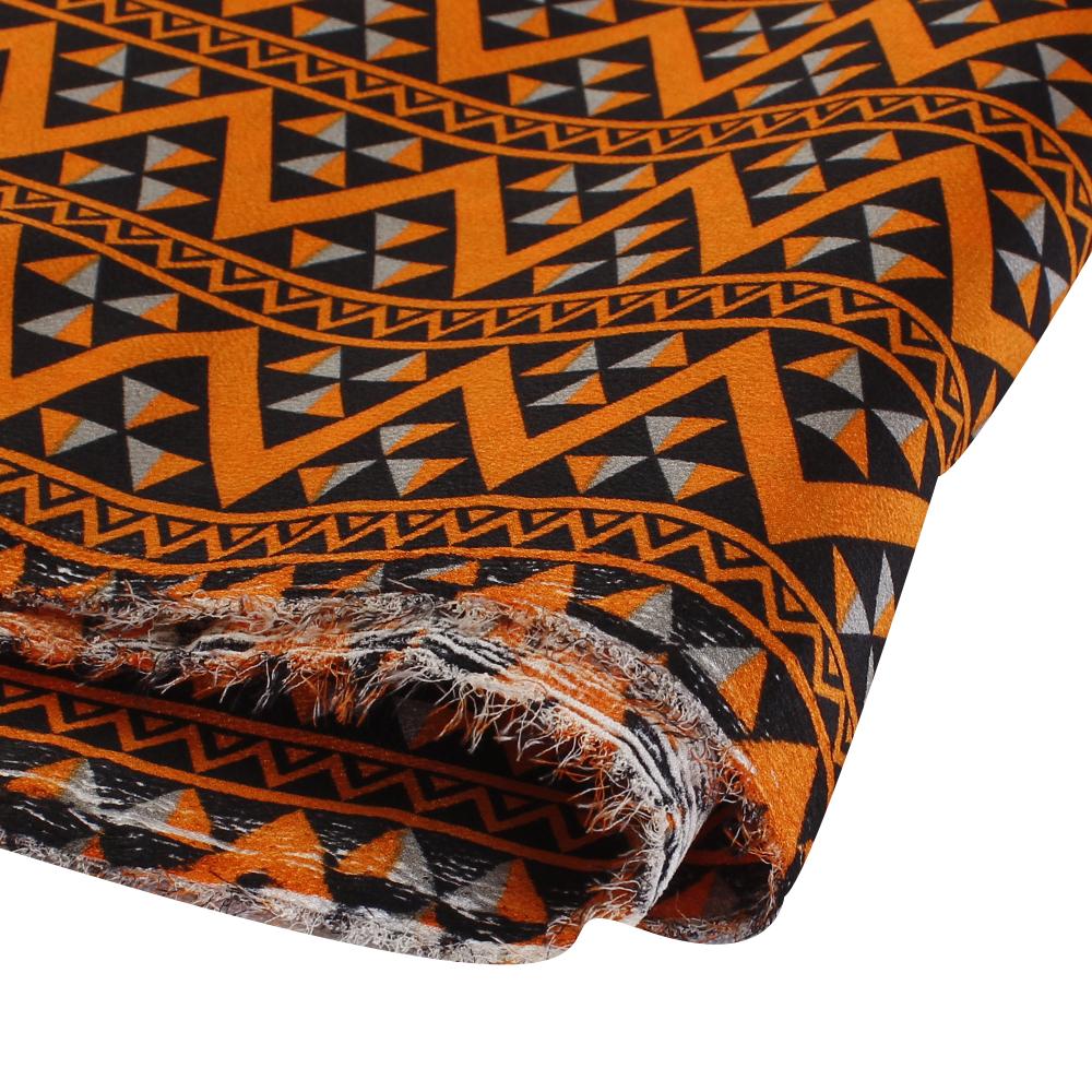 (Pre Cut 2 Mtr Piece) Orange-Black Color Printed Poly Georgette Satin Fabric