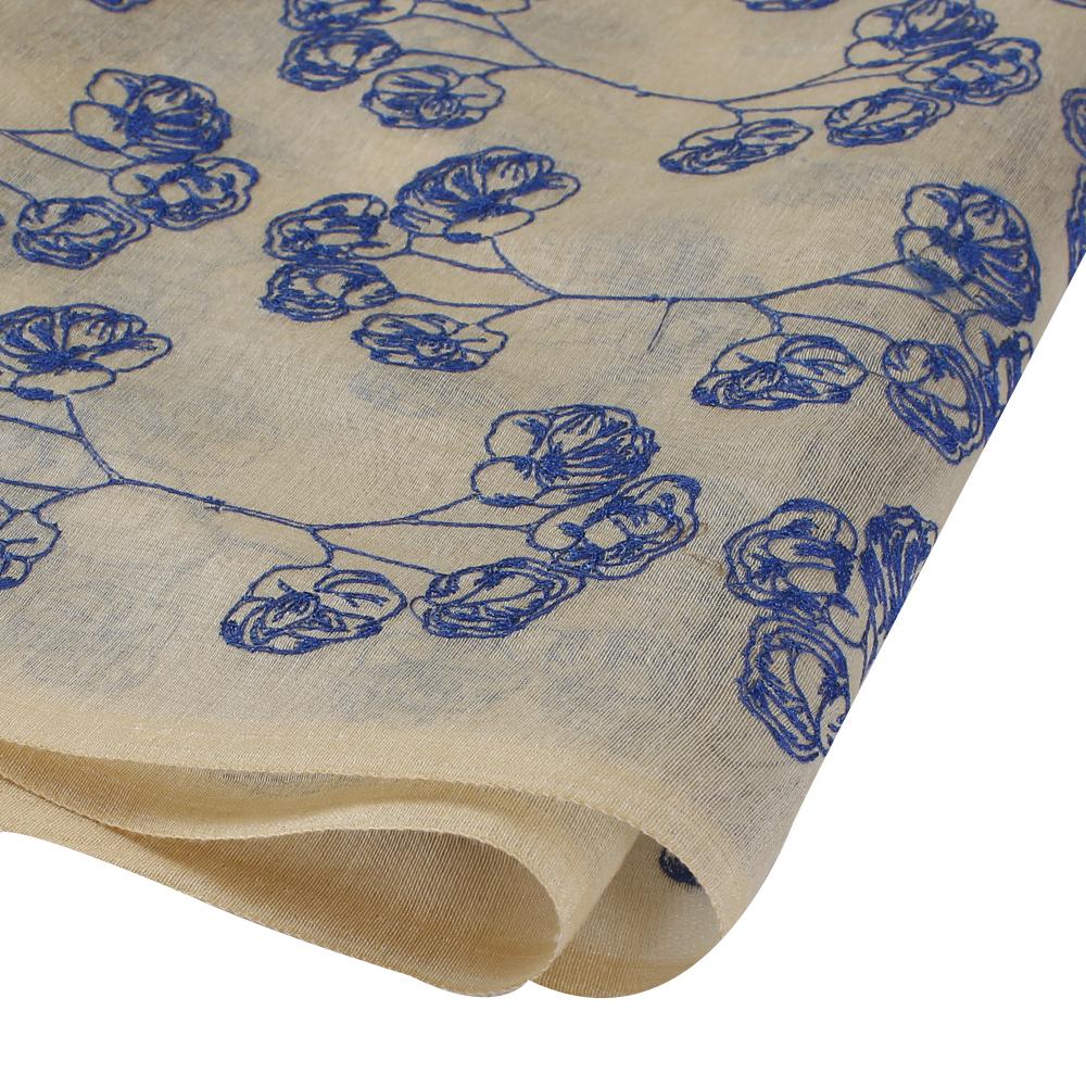 (Pre Cut 1.30 Mtr Piece) Cream-Blue Color Embroidered Pure Chanderi Fabric