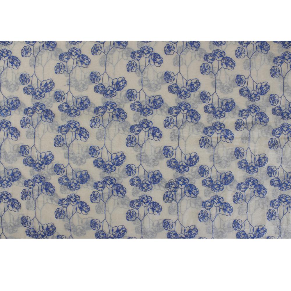 (Pre Cut 1.30 Mtr Piece) Cream-Blue Color Embroidered Pure Chanderi Fabric
