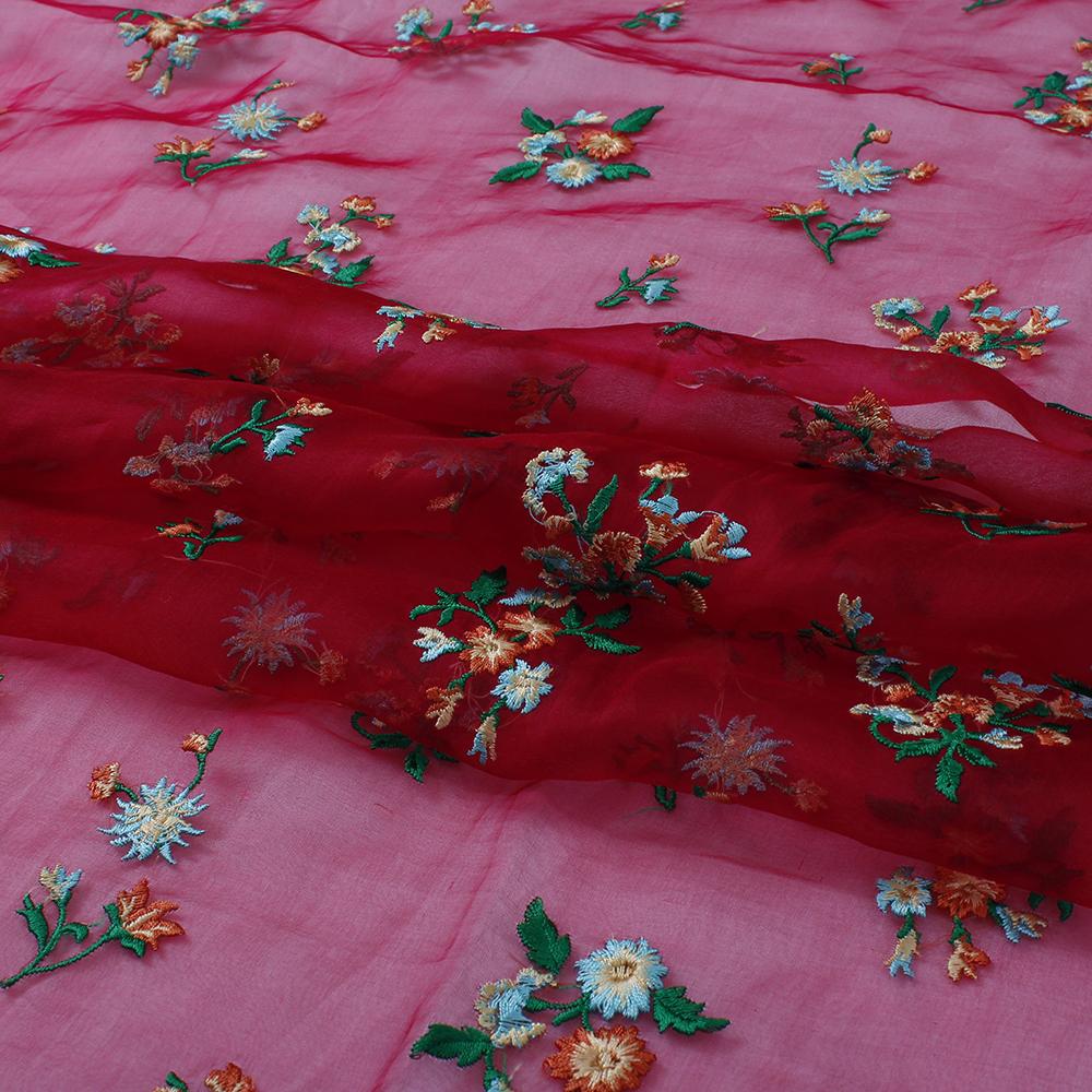 (Pre Cut 1.20 Mtr Piece) Blood Red Color Embroidered Organza Silk Fabric