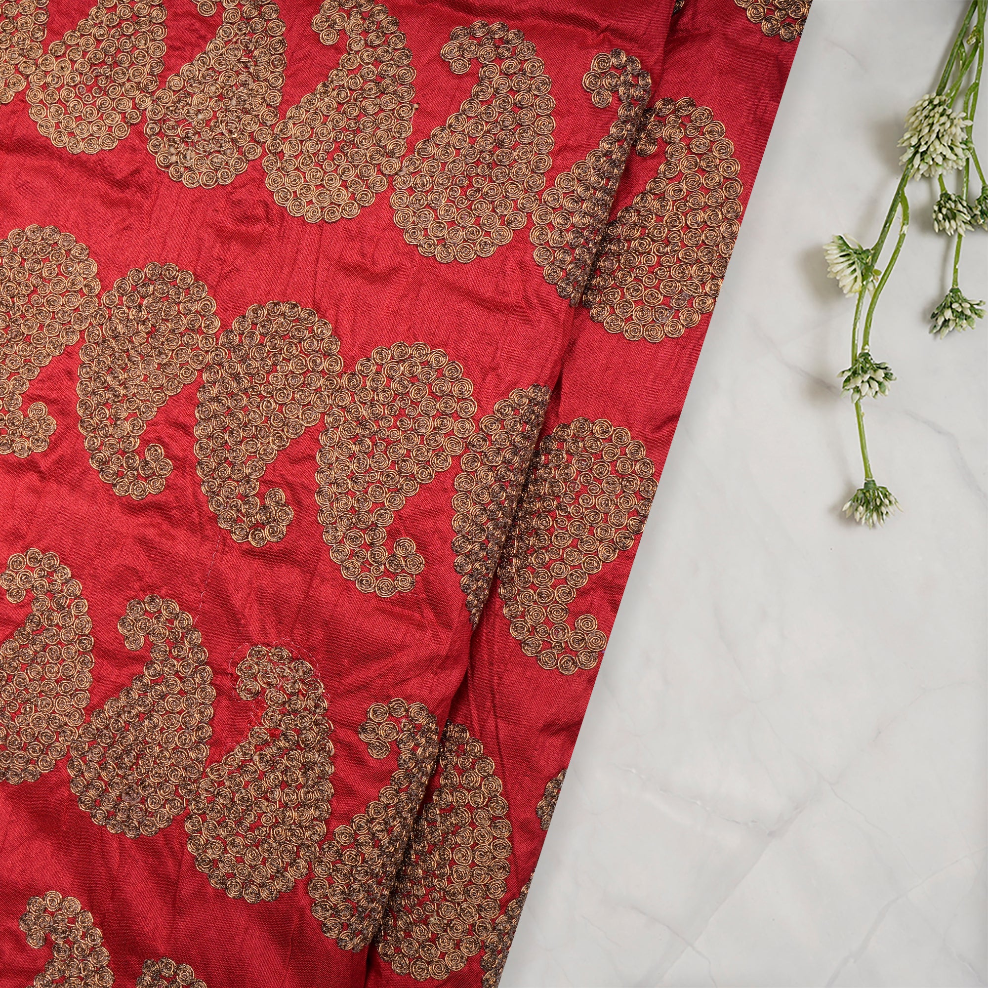 (Pre Cut 1.85 Mtr Piece) Red-Golden Color Embroidered Polyester Fabric
