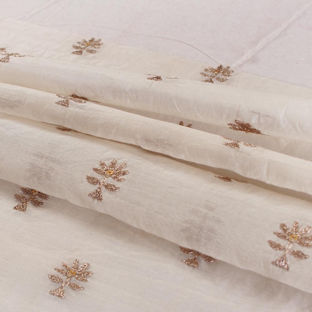 (Pre Cut 0.50 Mtr Piece) White-Golden Color Embroidered Pure Chanderi Fabric
