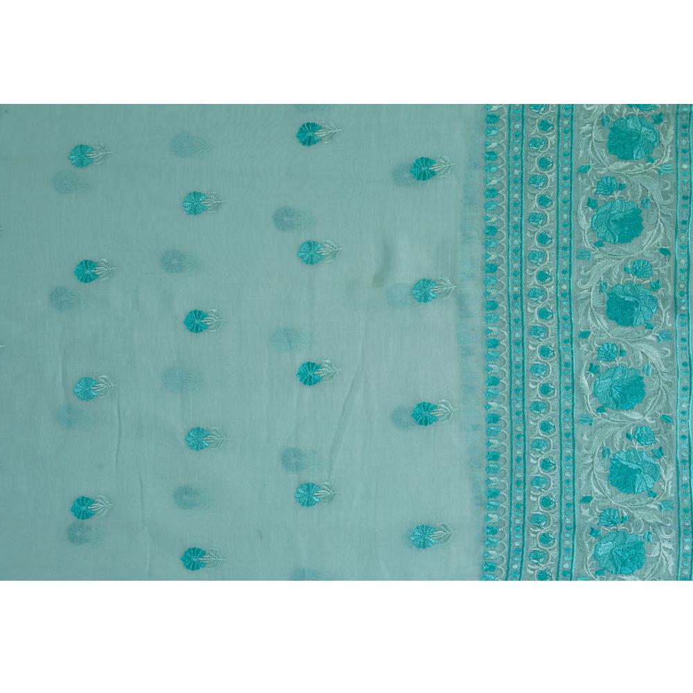 (Pre Cut 1.20 Mtr Piece) Sky Color Embroidered Pure Chanderi Fabric