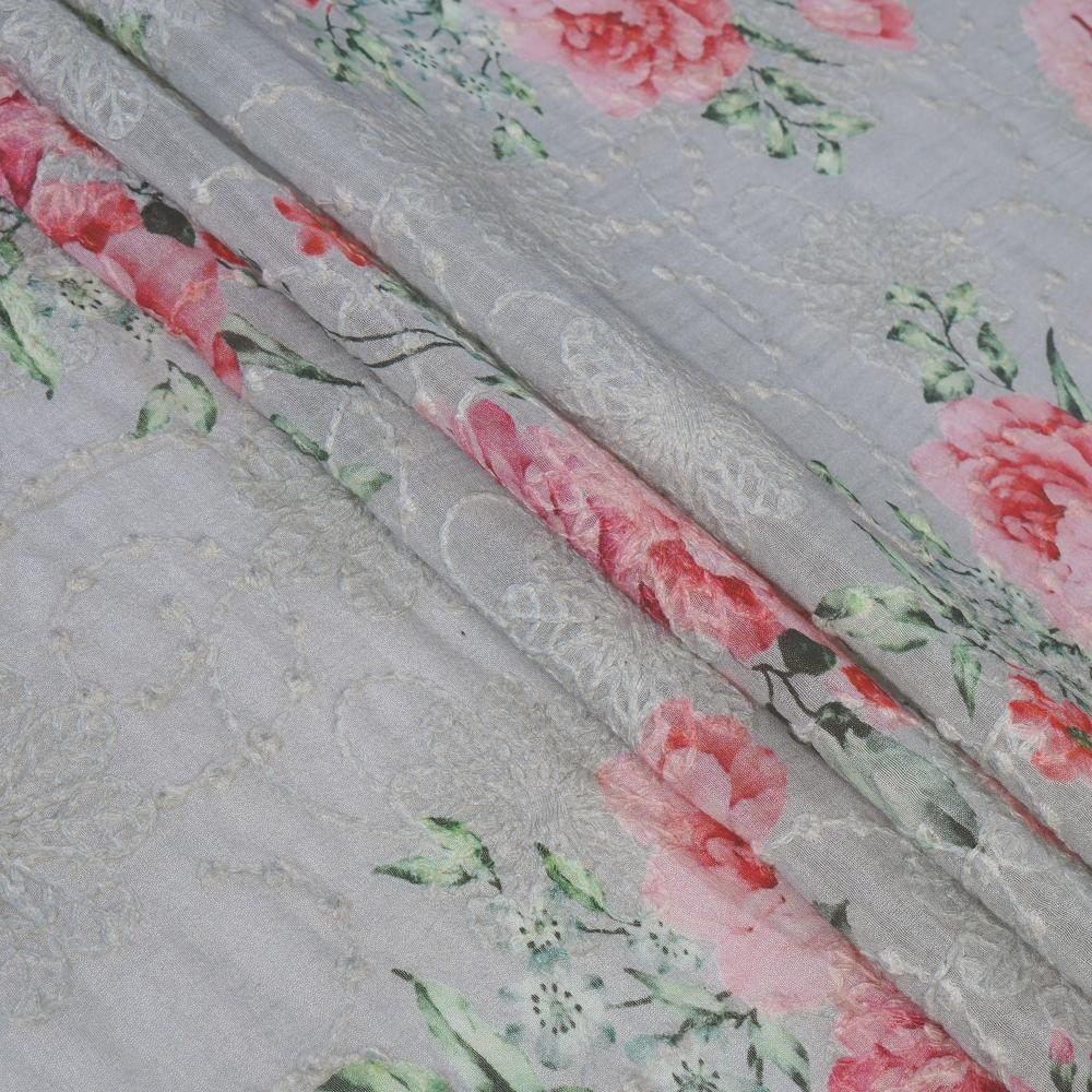 (Pre Cut 1.10 Mtr Piece) Grey Color Digital Printed Embroidered Pure Chanderi Fabric
