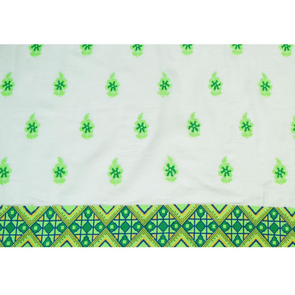 (Pre Cut 0.95 Mtr Piece) White-Light Green Color Embroidered Pure Chanderi Fabric