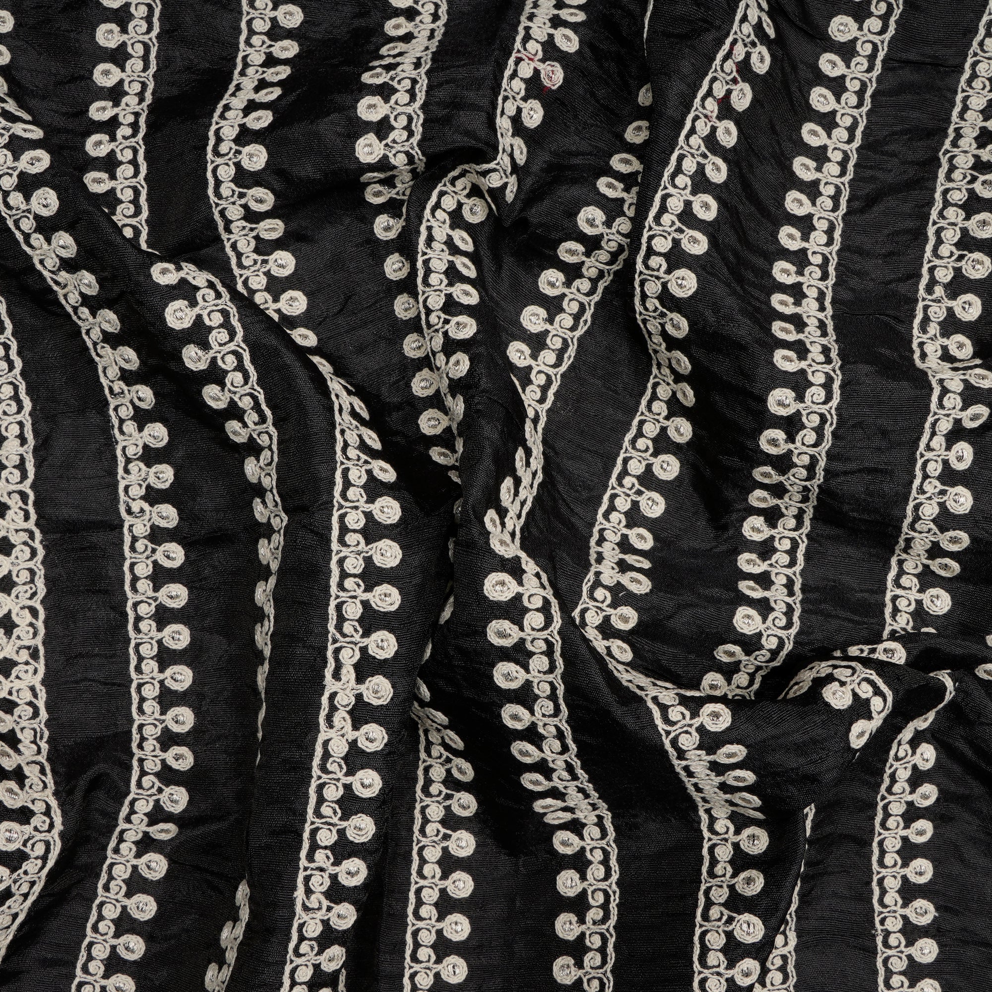 (Pre Cut 1 Mtr Piece) Black Color Embroidered Polyester Fabric