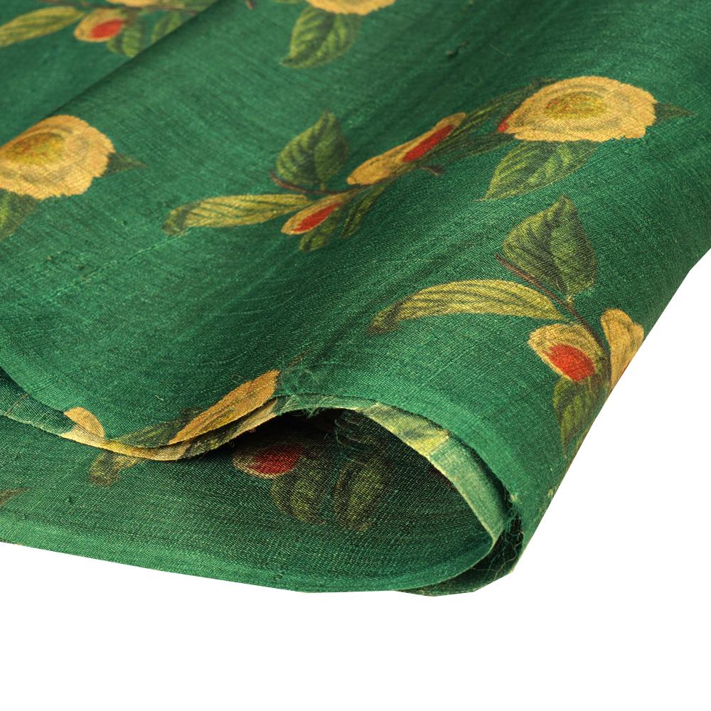 (Pre Cut 1.40 Mtr Piece) Pine Green Color Printed Tussar Silk Fabric