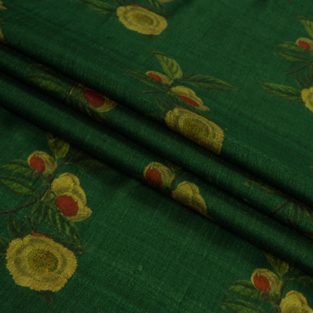 (Pre Cut 1.40 Mtr Piece) Pine Green Color Printed Tussar Silk Fabric