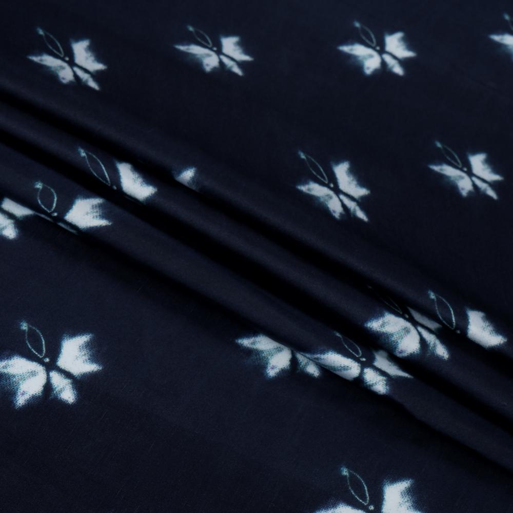 (Pre Cut 1.75 Mtr Piece) Navy Blue Color Digital Printed Bemberg Satin Fabric