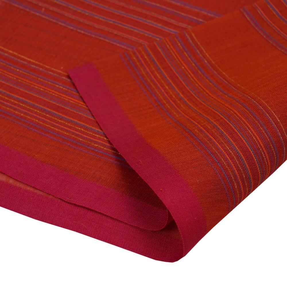 (Pre Cut 1.80 Mtr Piece) Red Color Handwoven Striped Pure Chanderi Fabric
