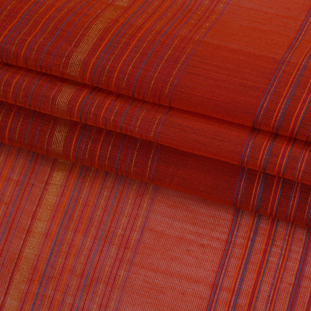 (Pre Cut 1.80 Mtr Piece) Red Color Handwoven Striped Pure Chanderi Fabric
