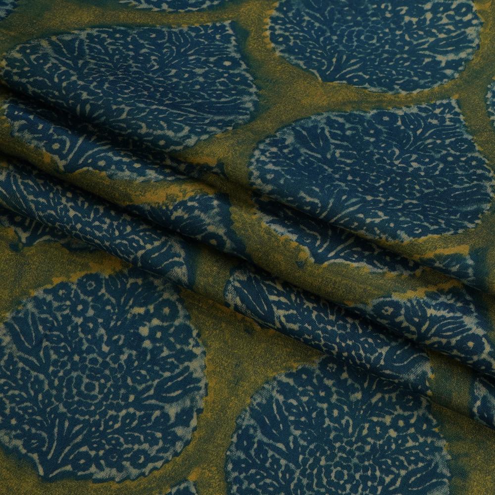 (Pre Cut Pre-Cut Fabrics>>Cut Piece Upto 1 Metre) Green-Blue Color Handcrafted Ajrak Printed Modal Satin Fabric