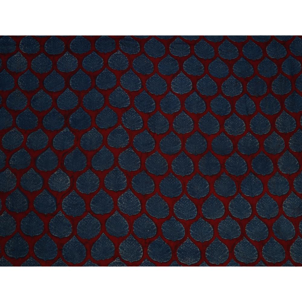 (Pre Cut 1 Mtr Piece) Red-Blue Handcrafted Ajrak Printed Modal Satin Fabric