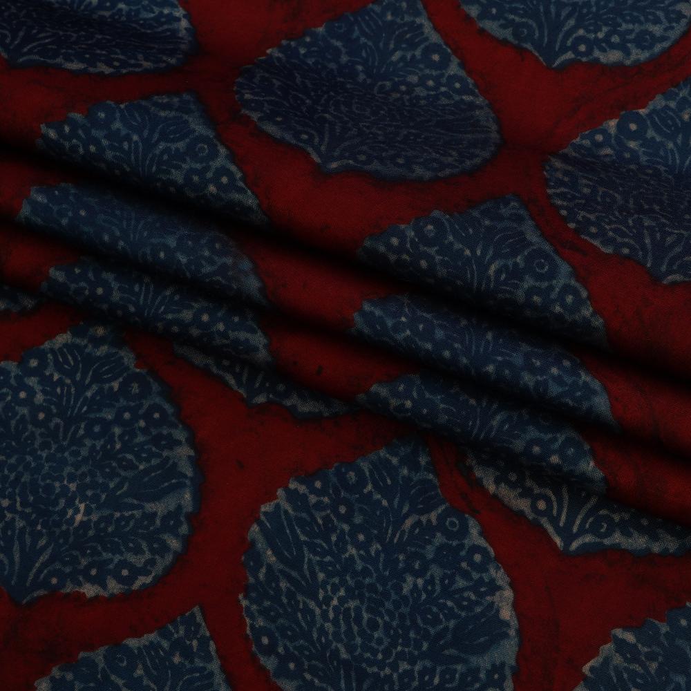 (Pre Cut 2.25 Mtr Piece) Red-Blue Handcrafted Ajrak Printed Modal Satin Fabric