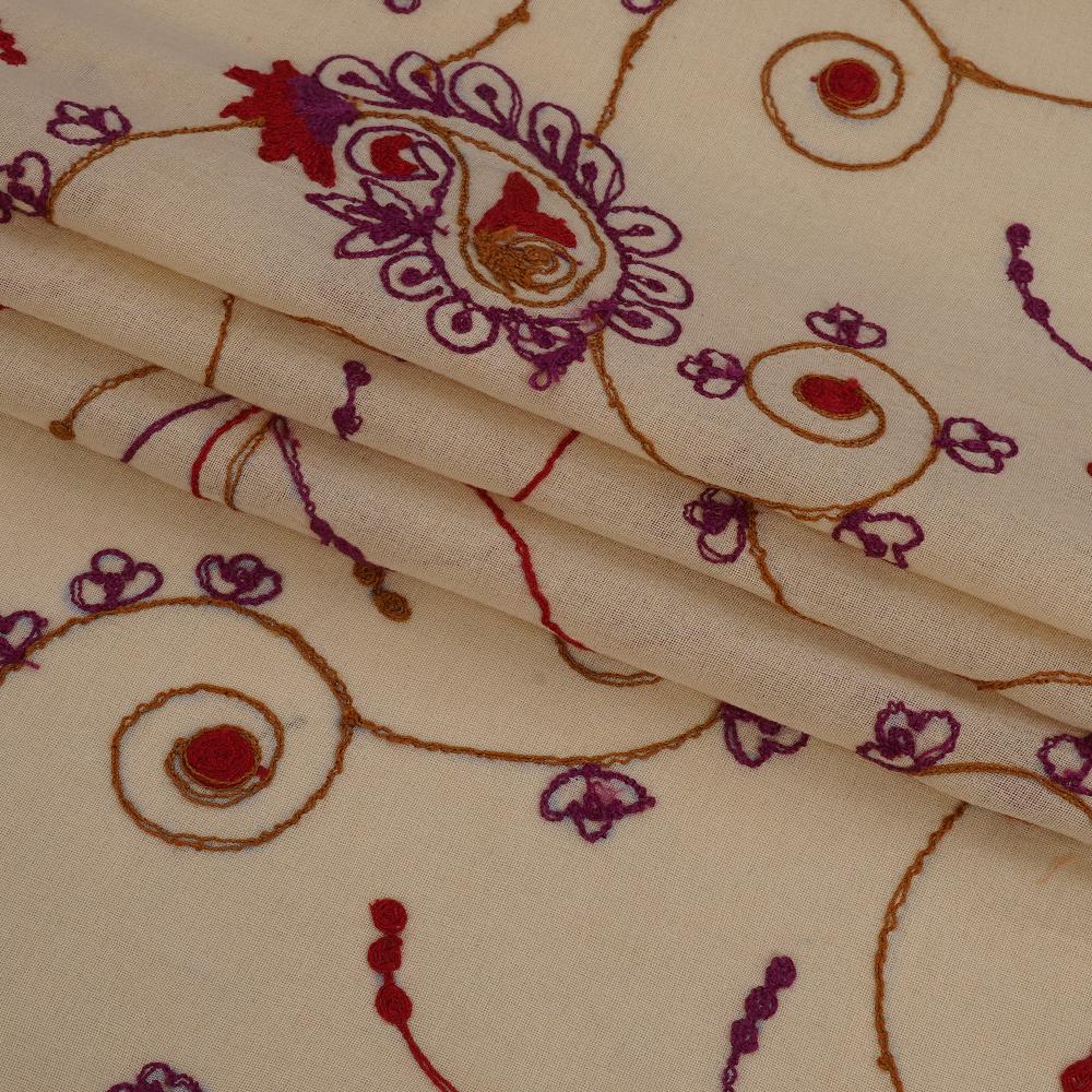 (Pre Cut 1.50 Mtr Piece) Beige Color Embroidered Cotton Voile Fabric