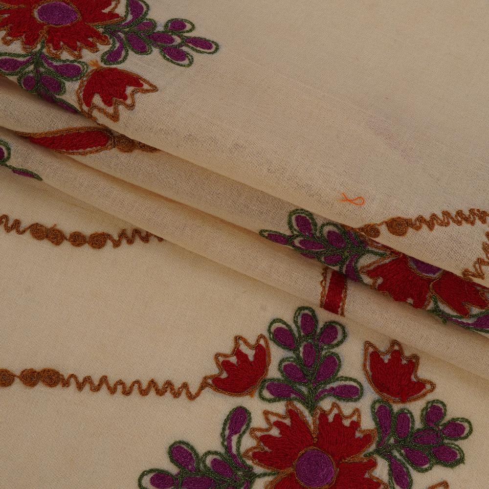 (Pre Cut 1.55 Mtr Piece) Beige Color Embroidered Cotton Voile Fabric