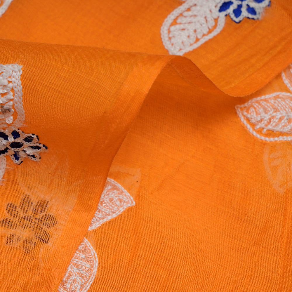 (Pre-Cut 2 Mtr) Orange Color Embroidered Pure Chanderi Fabric
