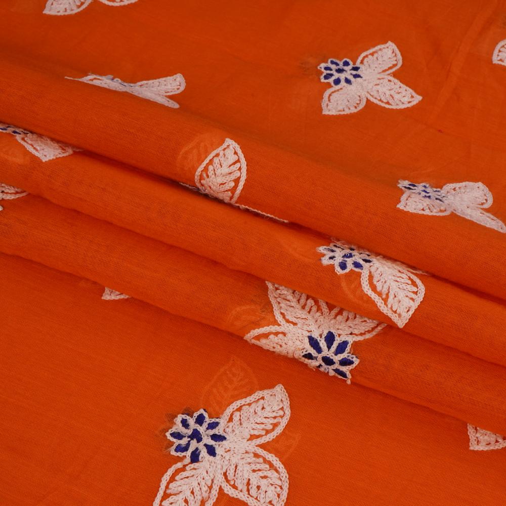 (Pre Cut 2.50 Mtr Piece) Orange Color Embroidered Pure Chanderi Fabric