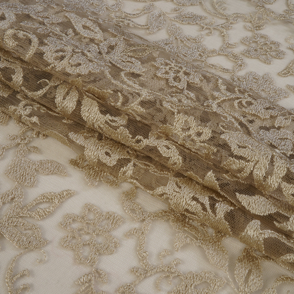 (Pre Cut 2.10 Mtr Piece) Beige Color Embroidered Nylon Net Fabric