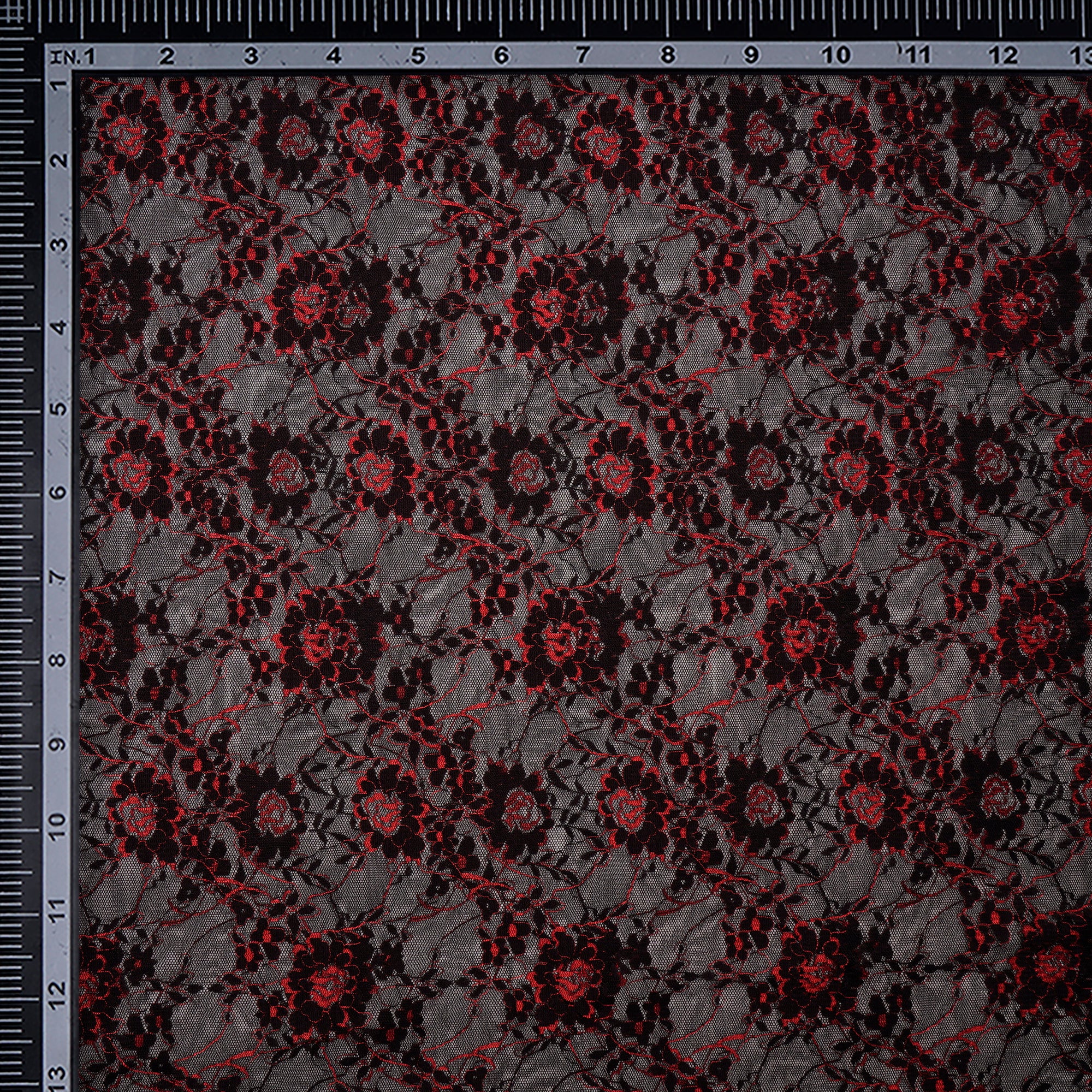 (Pre Cut 1.90 Mtr )Black-Red Embroidered Nylon Net Fabric
