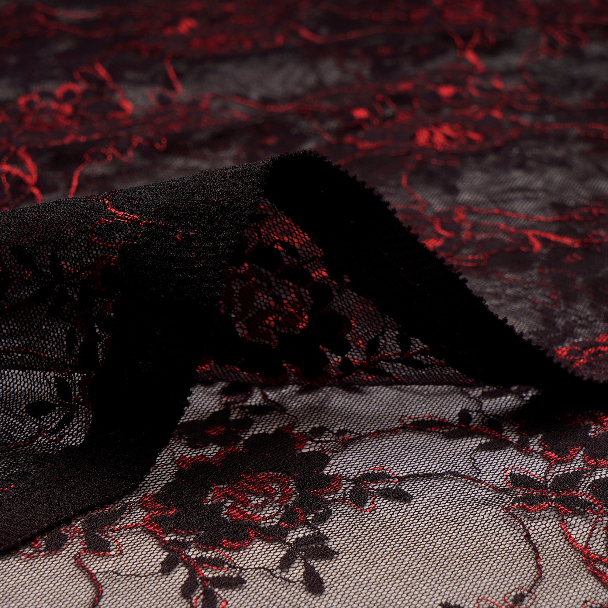 (Pre Cut 1.90 Mtr )Black-Red Embroidered Nylon Net Fabric