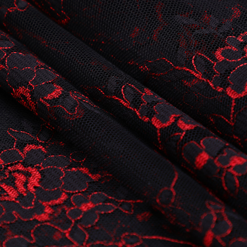 (Pre-Cut 2.50 Mtr ) Black-Pink Color Embroidered Nylon Net Fabric
