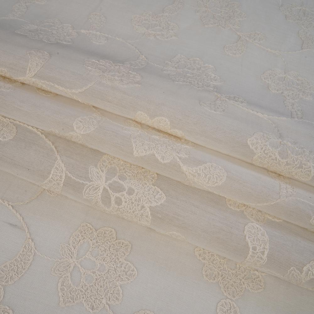 (Pre Cut 1.80 Mtr Piece) Ivory Color Embroidered Pure Chanderi Fabric