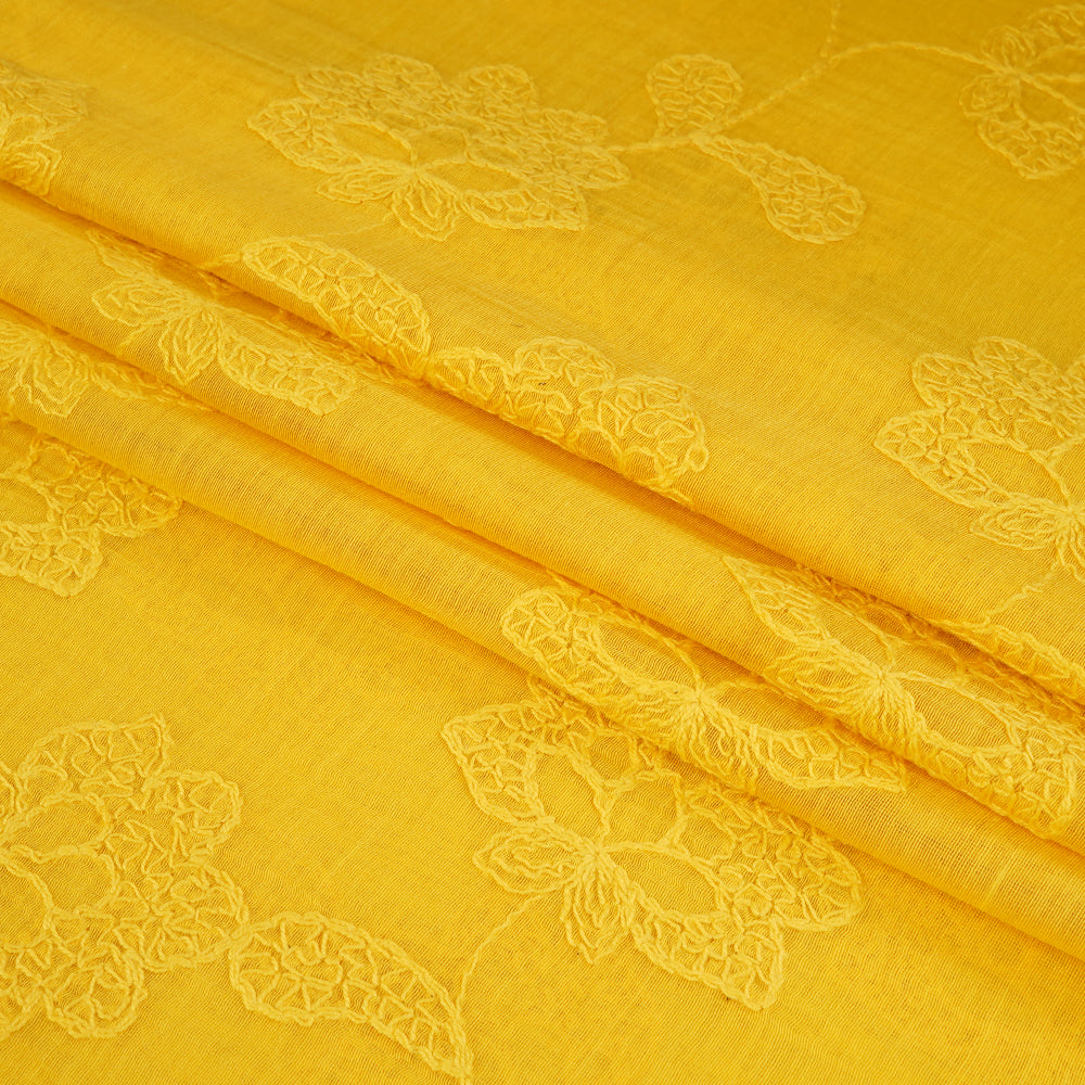 (Pre Cut 1.75 Mtr Piece) Yellow Color Embroidered Pure Chanderi Fabric