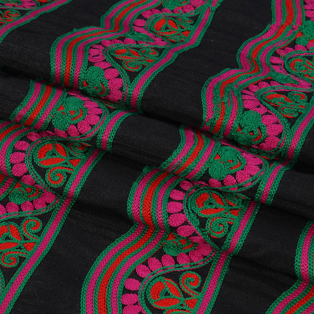 (Pre Cut 2.65 Mtr Piece) Black Color Embroidered Polyester Fabric