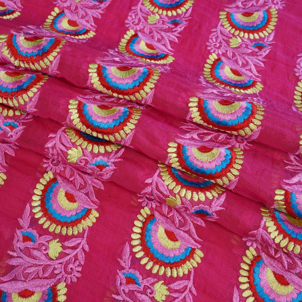 (Pre Cut 2 Mtr Piece) Pink Color Embroidered Pure Chanderi Fabric