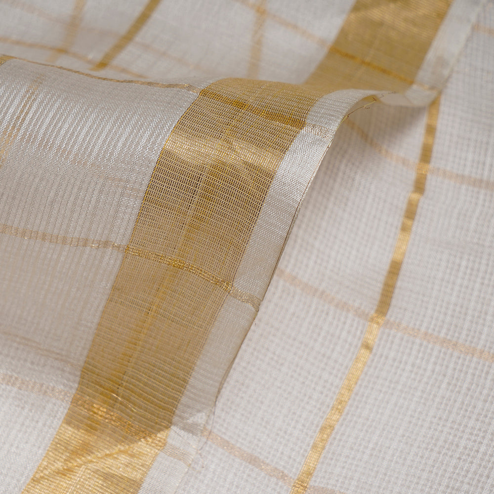 (Pre-Cut 1.70 Mtr) Off White Color Zari Checked Kota Silk Fabric