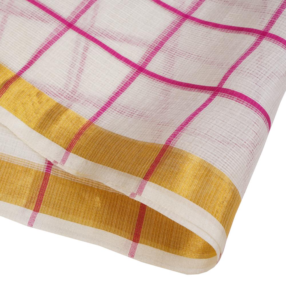 (Pre Cut 2.30 Mtr Piece) White Color Handwoven Silk Kota Fabric With Zari
