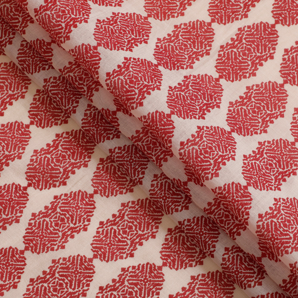 (Pre Cut 3 Mtr Piece) Cream-Red Color Printed Pure Chanderi Fabric