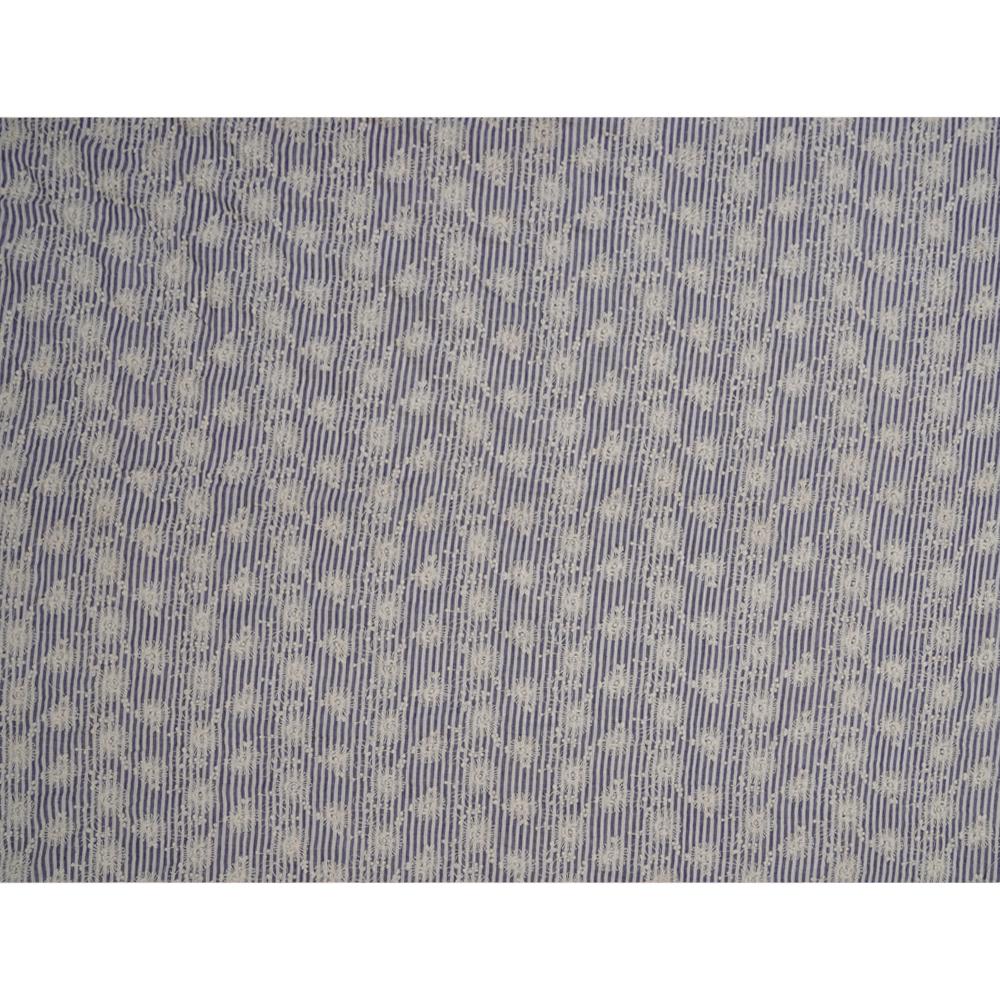 (Pre Cut 1.15 Mtr Piece) White-Pigeon Blue Color Embroidered Cotton Muslin Fabric