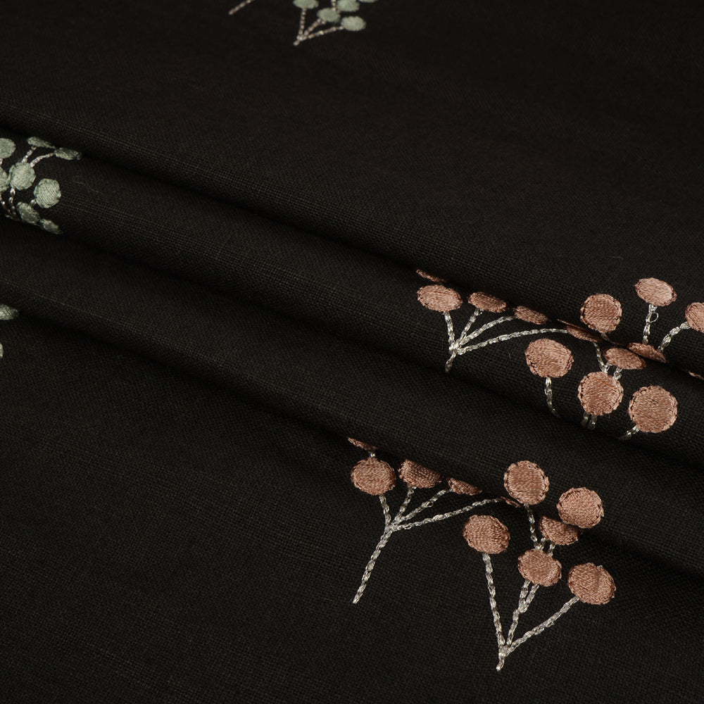 (Pre Cut 1.85 Mtr Piece) Black Color Embroidered Linen Fabric