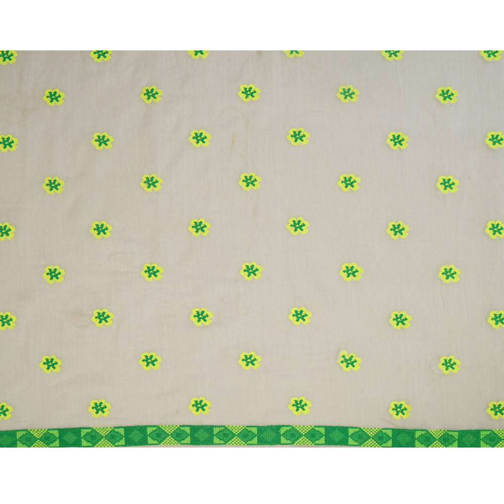 (Pre Cut 1.25 Mtr Piece) White-Green Color Embroidered Pure Chanderi Fabric